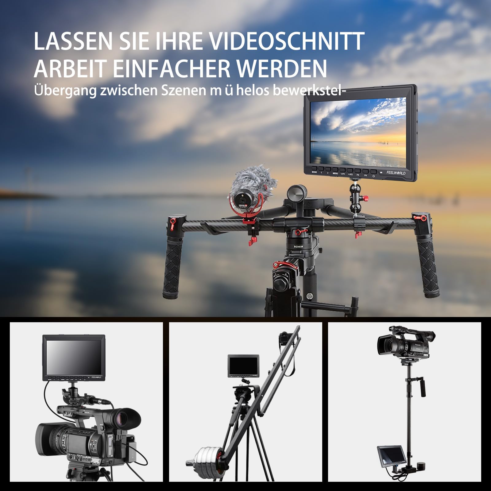 FEELWORLD FW759 Kamera Field Monitor 7 Zoll 4K HDMI Monitor mit F550 Akku Camera Monitor mit Sonnenschutzhaube für DSLR