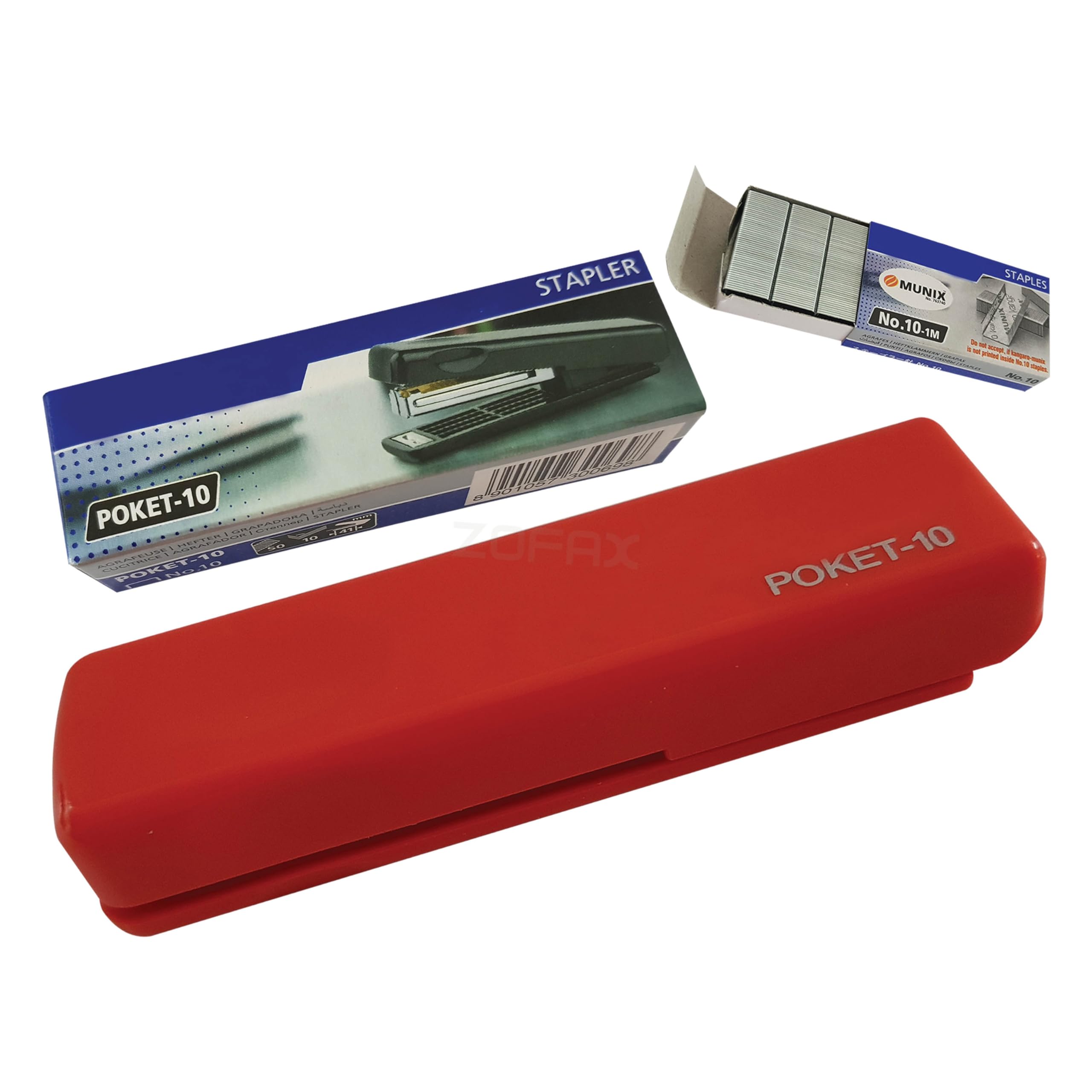 ZPOCKET10 Handy Folding Type Mini Stapler, Red Body + 1000 Staples, 10 Sheets Stapling, Perfect School Home Travel Stapler, iZOFAX Black Ball Pen