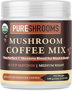 PureShrooms Organic 7 in 1 Mushroom Coffee - Perfect 7 - MADE IN CANADA - Organic Arabica Coffee, Chaga, Reishi, Turkey Tail (Coriolus), Cordyceps, Lion's Mane, Maitake Mushroom Extracts. (100 grams, 50 Servings)