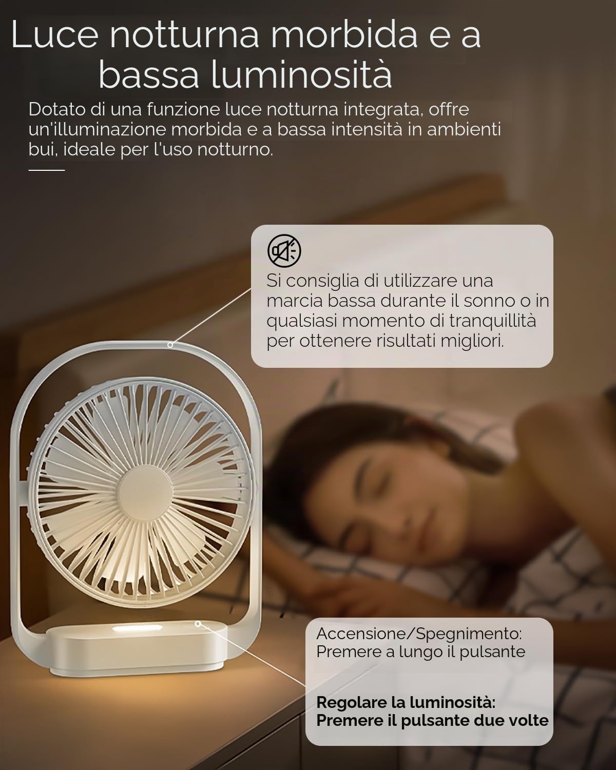 Ventilatore Ventilatore da Tavolo Silenzioso a 4 Velocità, Potente e Ricaricabile, Rotazione 330°, Luce Notturna