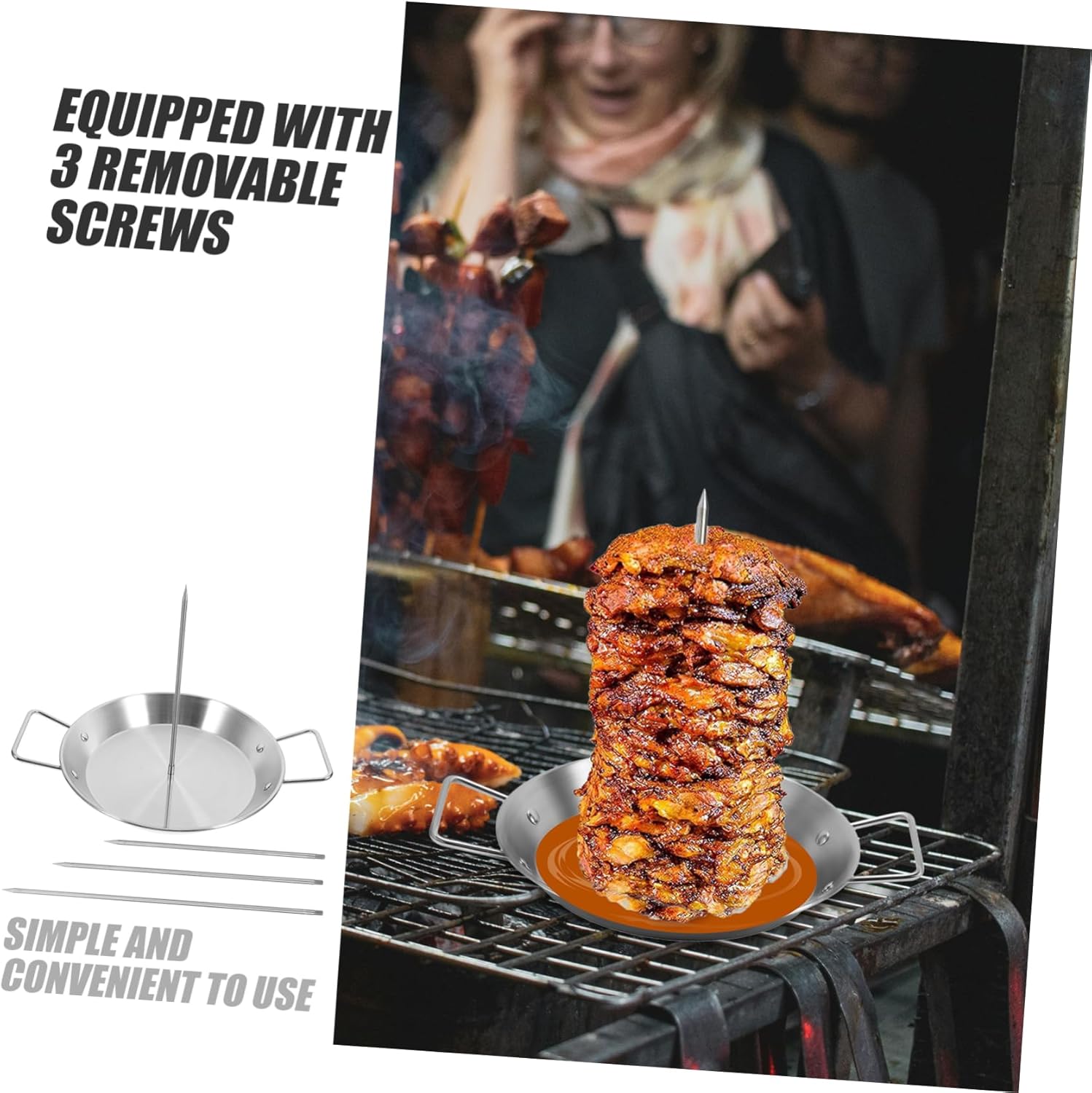 1set Vertical Skewer Stand Pan for Outdoor Bbq Stainless Steel Roasting Tool Removable Spikes and Oil Brush for Chicken and Shawarma Easy to Clean and Use