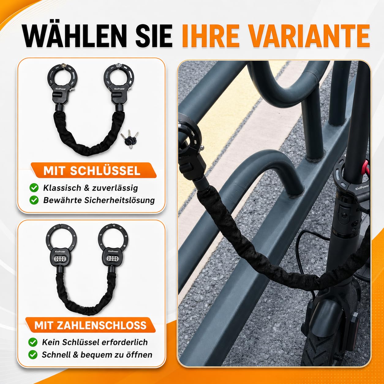 E Scooter Candado con bolsa, cierre de esposas, 90 cm, cadena de 8 mm, protección antirrobo para scooter eléctrico y bicicleta, candado de alta seguridad con llave