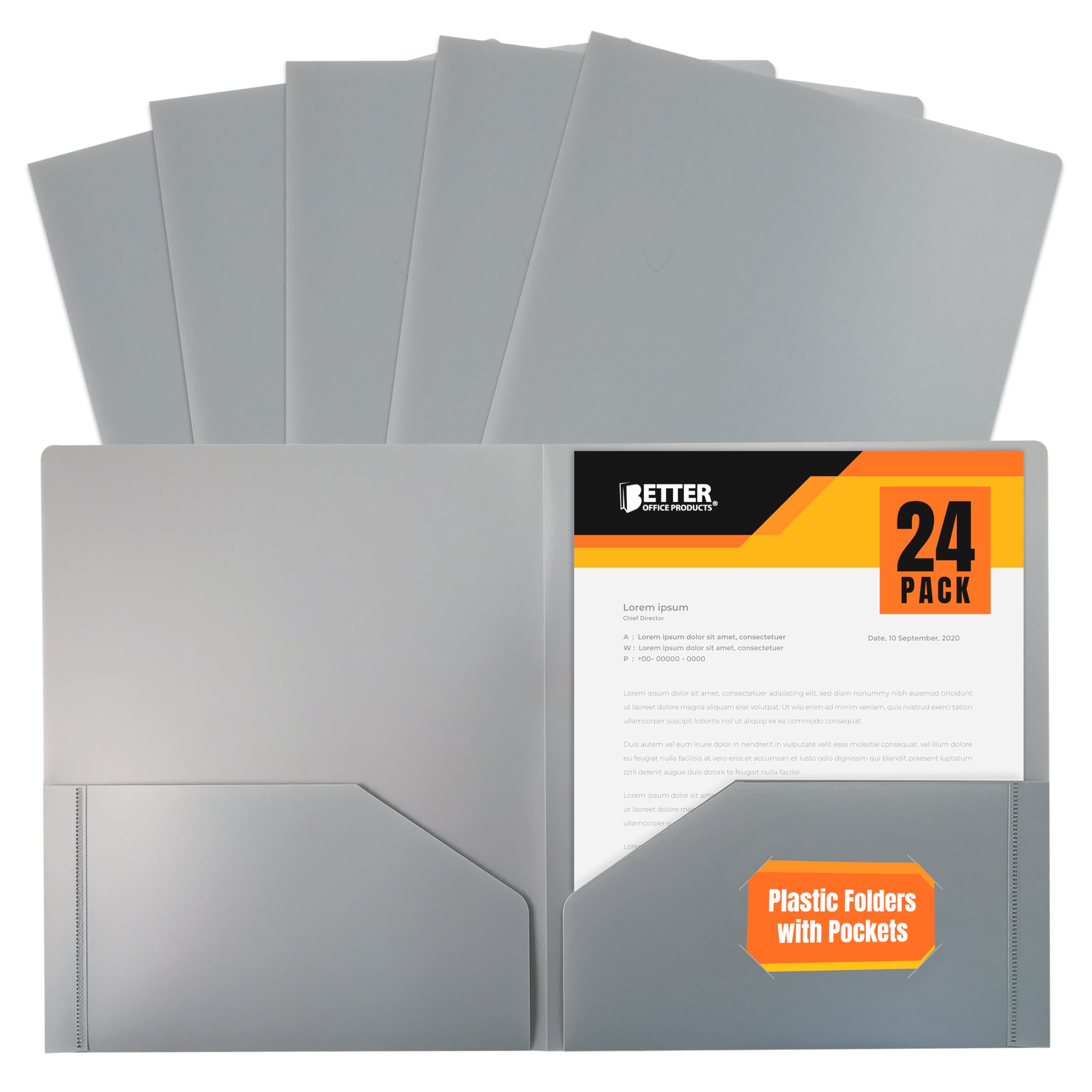 Heavyweight Gray Plastic 2 Pocket Portfolio Folder, 24 Pack, Letter Size Poly Folders, by Better Office Products, 24 Pack, Gray