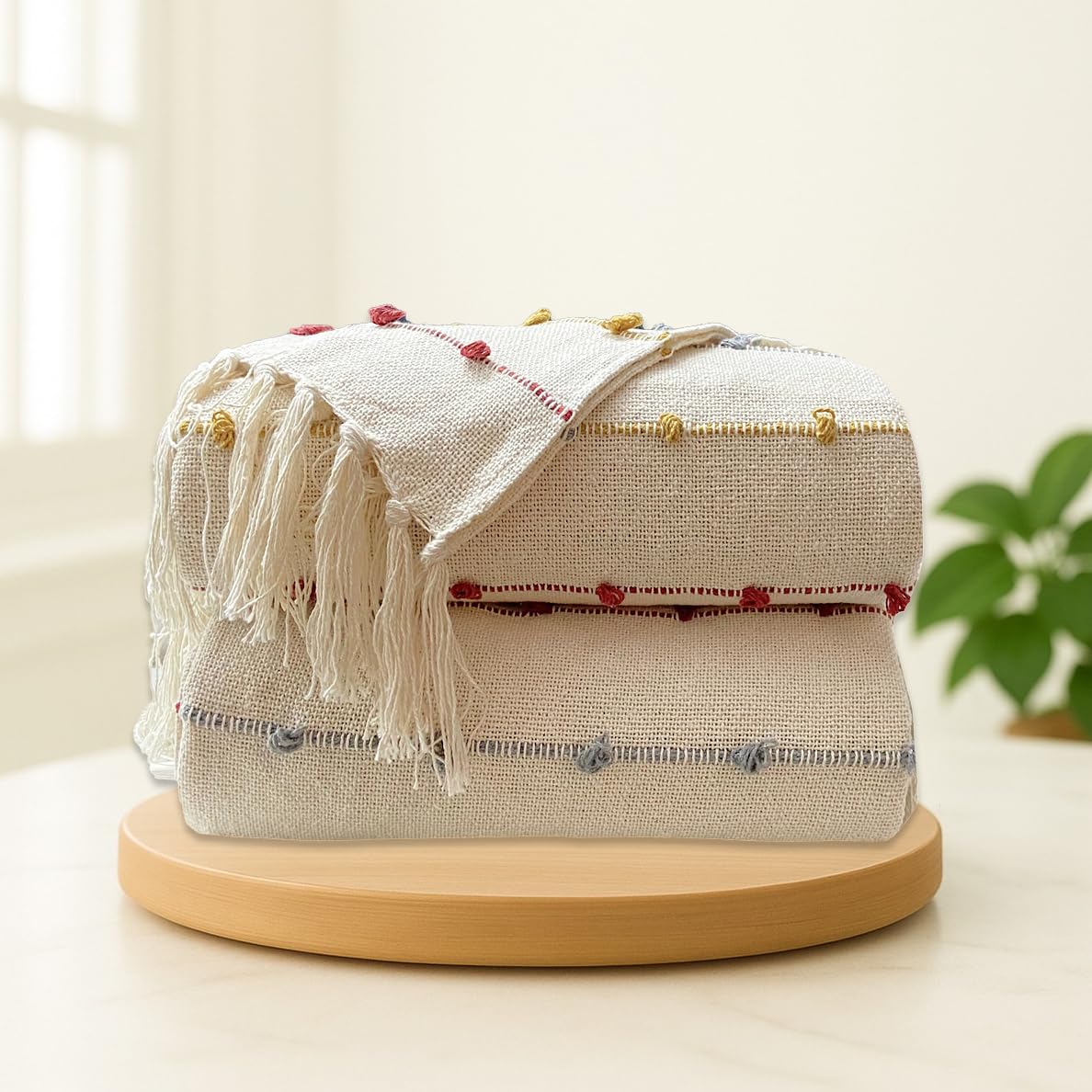 SAJAVAT HOME Hand-Knitted Pure Cotton Sofa Throw | Decorative Throw for Living Room, Bedroom, Sofa & Chair | Beige Multi with Tassels | 80x52 Inches / 204x132 Cm | Pack of 2