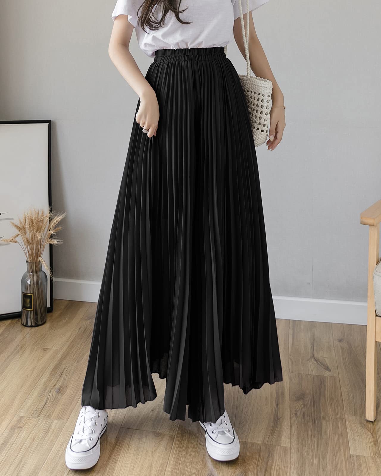 Pantalon Large Femme Plissée Taille Haute Léger Décontracté Confortable Pantalon de Mousseline Jupe-Culotte Femmes