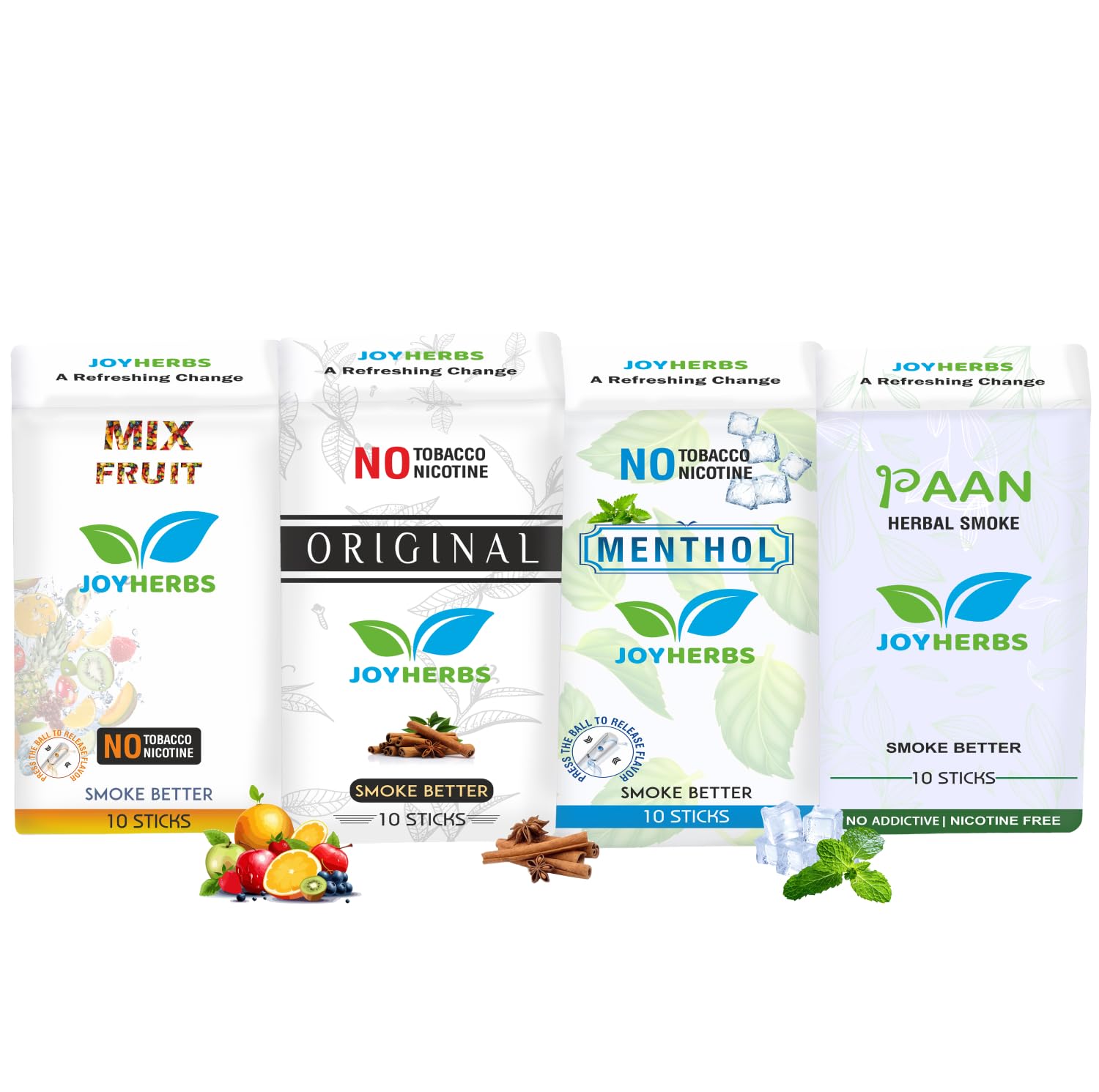 JOYHERBS Herbal Cigarettes 100% Tobacco And Nicotine Free Combo Pack Of Menthol, Original, Paan & Mix Fruit Flavour Smoke (10 Sticks Each) Made with Ayurvedic Herbs(Tobacco Alternatives) | Non Addictive