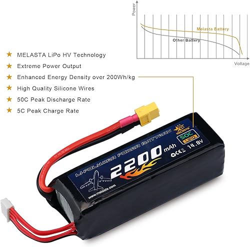 Miniatura 3 de melasta Batería LiPo 4S 14.8V 2200mAh 50C RC Lipo Batería Compatible con XT60 Plug para RC Avión Helicóptero Quadcopter Vehículo Barco