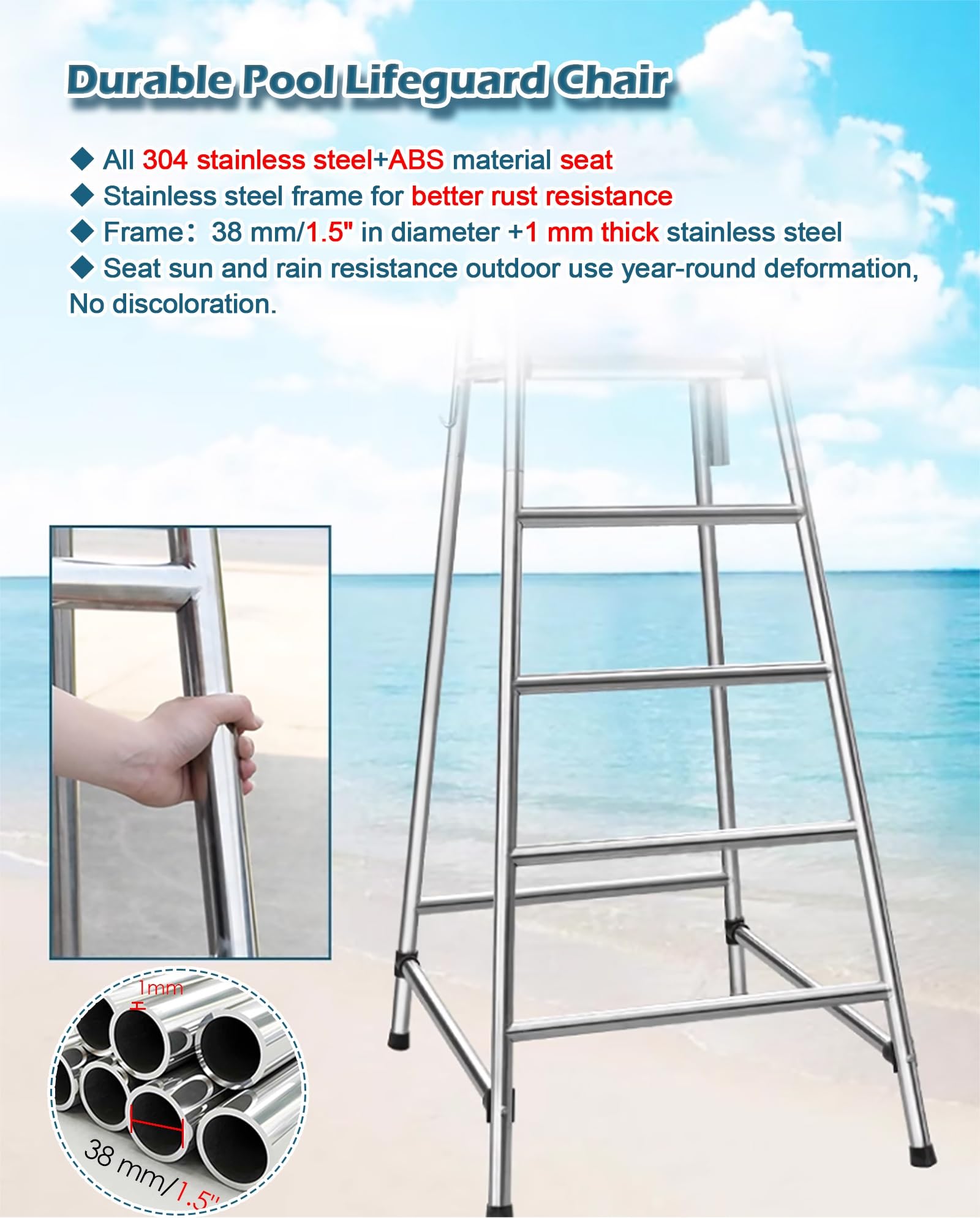 Generico Sgabello da Bar Regolabile Stile Bagnino - Acciaio Inossidabile 304 Resistente, Altezza da 1,2 a 1,8 Metri, Sgabello da Bar Durevole per Esterni, Bordo Piscina e Patio, Design Rimovibile per