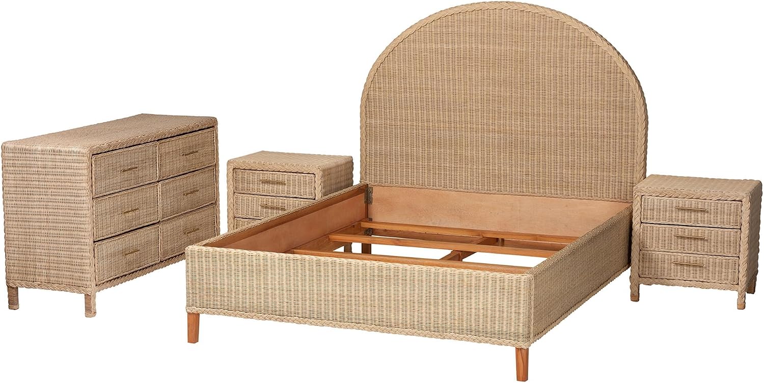 bali & pari Lanica Japandi Sun-Bleached Braided Rattan Queen Size 4-Piece Bedroom Set