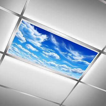 Decorative Clouds Fluorescent Light Covers 48" Long Blue Sky Light Covers for Classroom Offices Hospital 4x2 ft Drop Ceiling Light Filters Eliminate Harsh Glare Ceiling Lamp Decorations