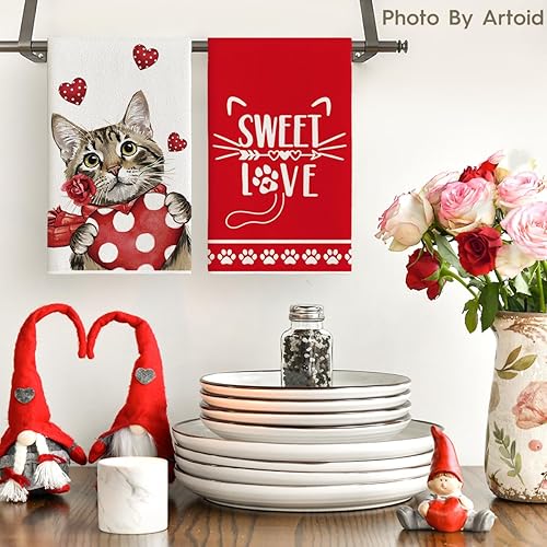 Miniatura 2 de Artoid Mode Juego de 2 toallas de cocina para el día de San Valentín, diseño de corazón de gato rojo, 18 x 26 pulgadas, decoración de boda, juego de