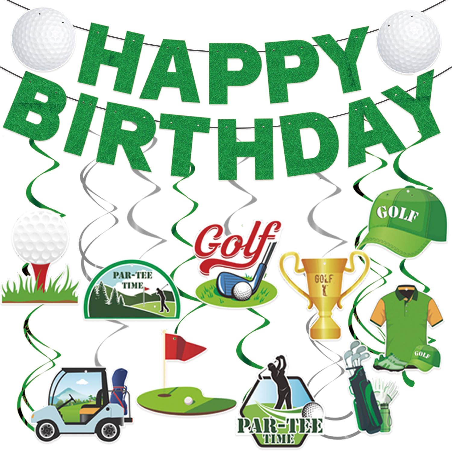 Eiapadeor Golf Birthday Party Decorations, 16PCS Golf Happy Birthday Banners Hanging Swirls Decorations, Men's 40th 50th 60th Decor