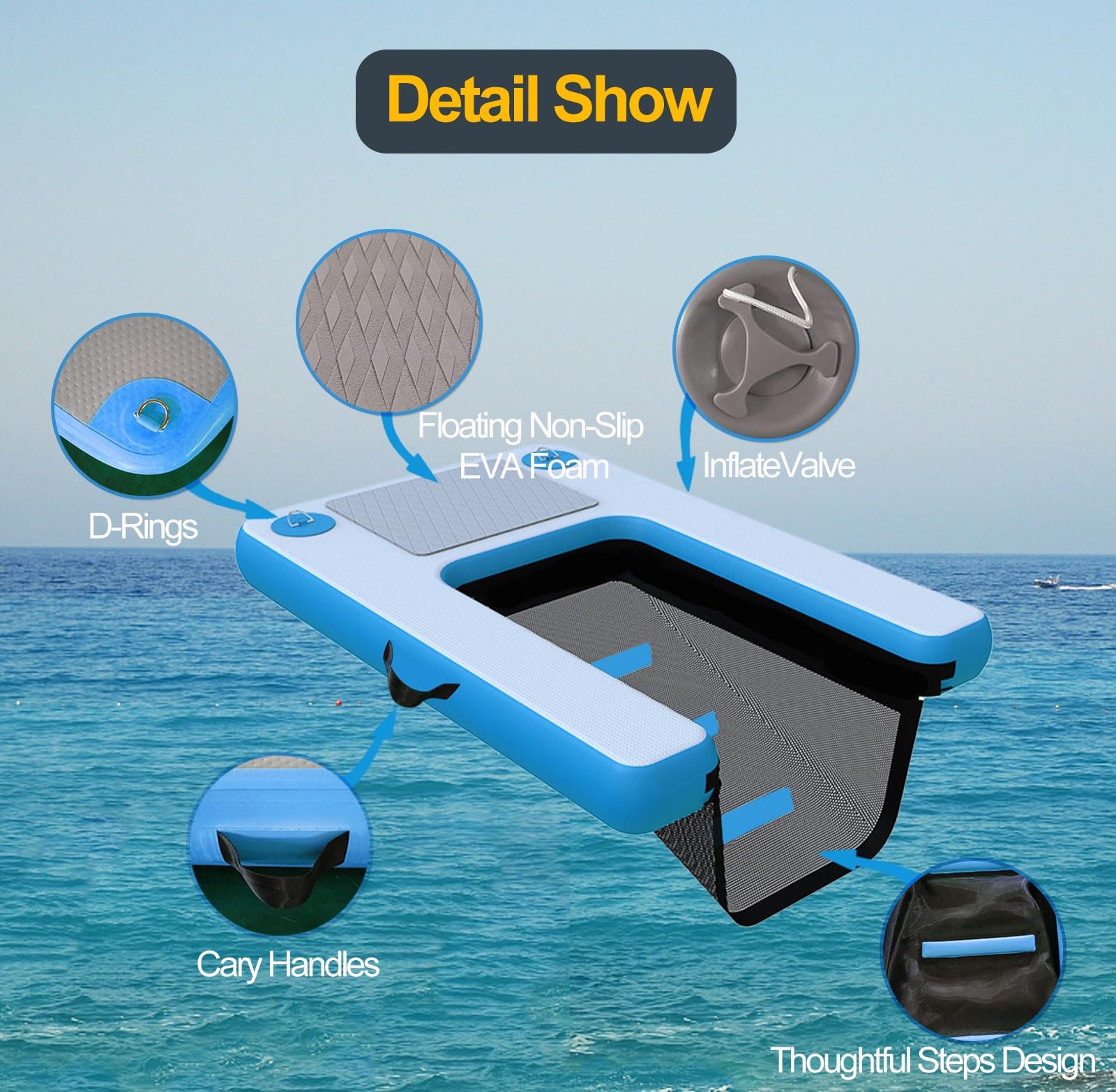 rampa de agua para perros Muelle flotante para barcos con rampa para perros, rampa de agua para perros con escalón y espuma EVA antideslizante, plataforma de muelle inflable para playas y yates.(Blue)