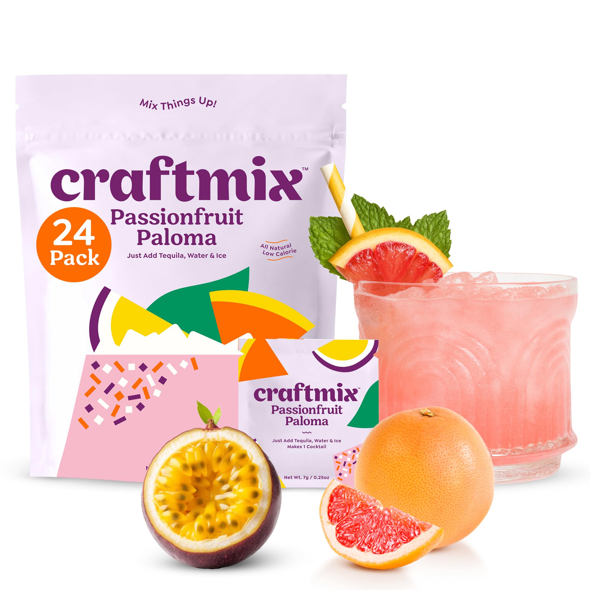 Craftmix Passionfruit Paloma Cocktail & Mocktail Drink Mixer, Skinny Mixes - Water Flavoring Packets - Made With Real Fruit - Vegan, No-Carb, No-Sugar, Non-GMO, Dairy Free, Gluten Free, 24 Pack