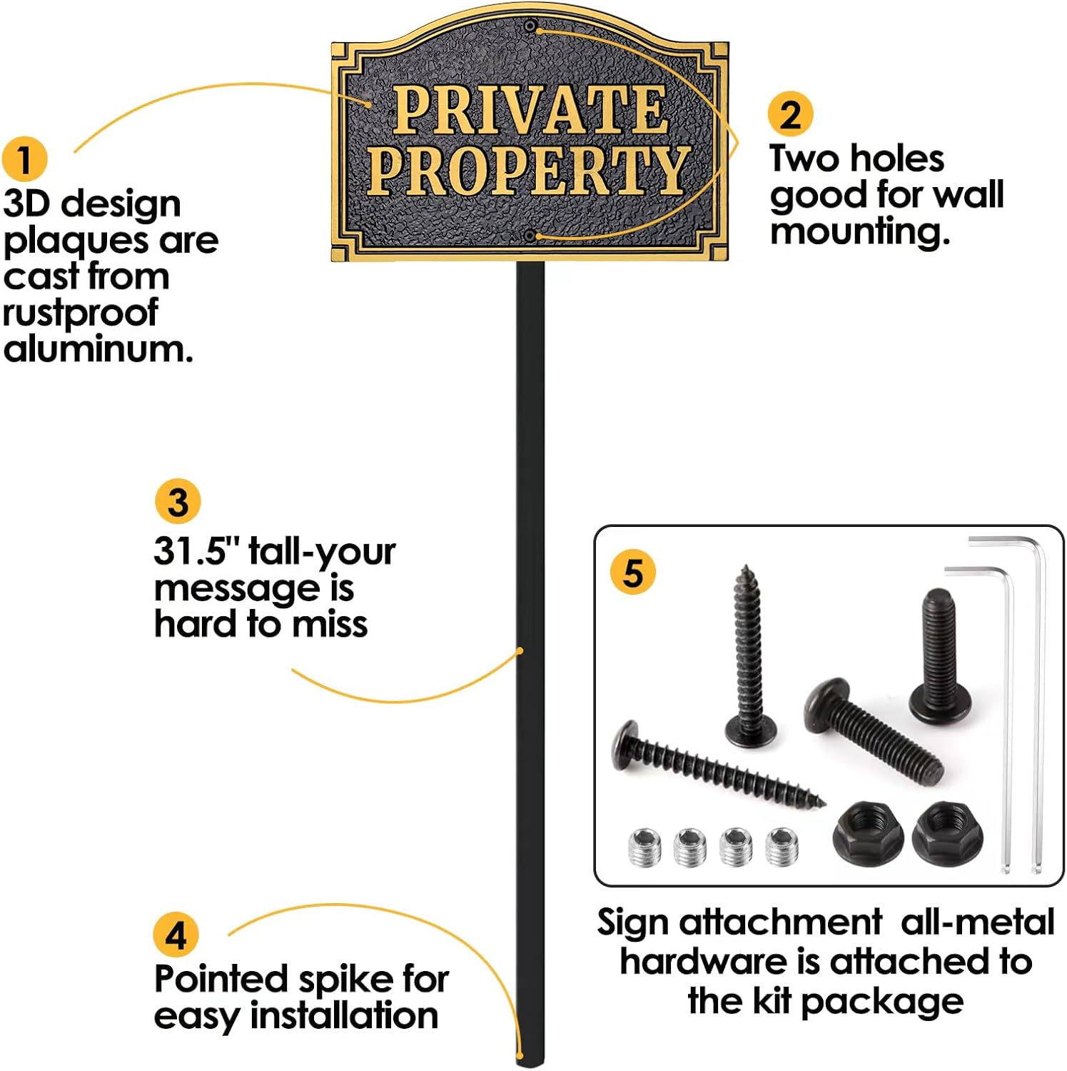 Private Property Statement Plaque, Solid Metal Cast Yard Sign, Heavy-duty Material, Golden Embossed Letters,11.5"×7.5" with 31.5" Stakes