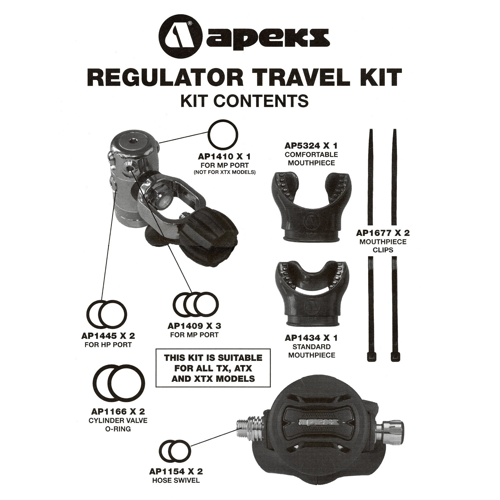 Apeks Kit da viaggio bocchini subacquei silicone nero 14 pezzi