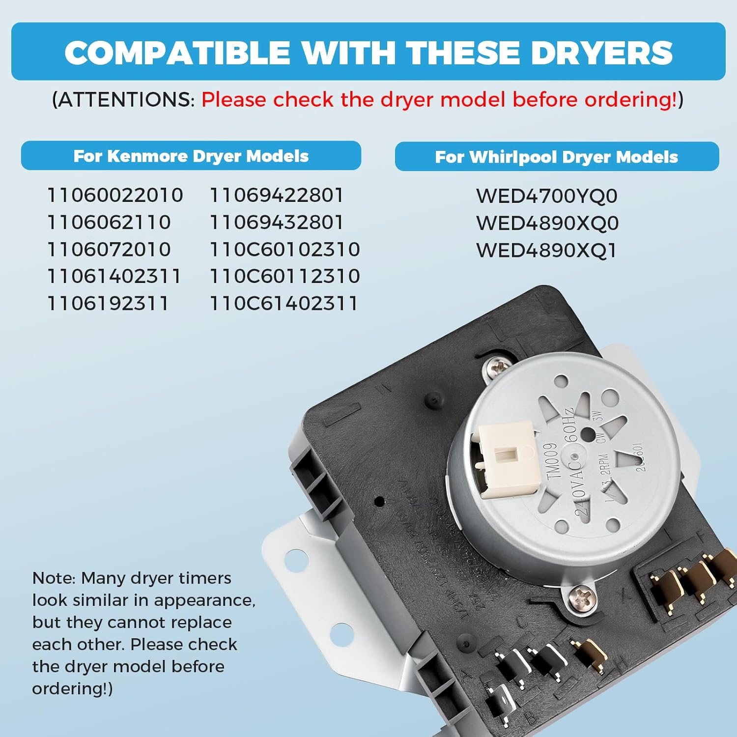WPW10185976 Dryer Timer Replacement for Whirlpool, Kenmore, Maytag, KitchenAid - Replaces W10185976, WPW10185976VP, PS11749829, AP6016539, 1481703, AH2331505, PS2331505