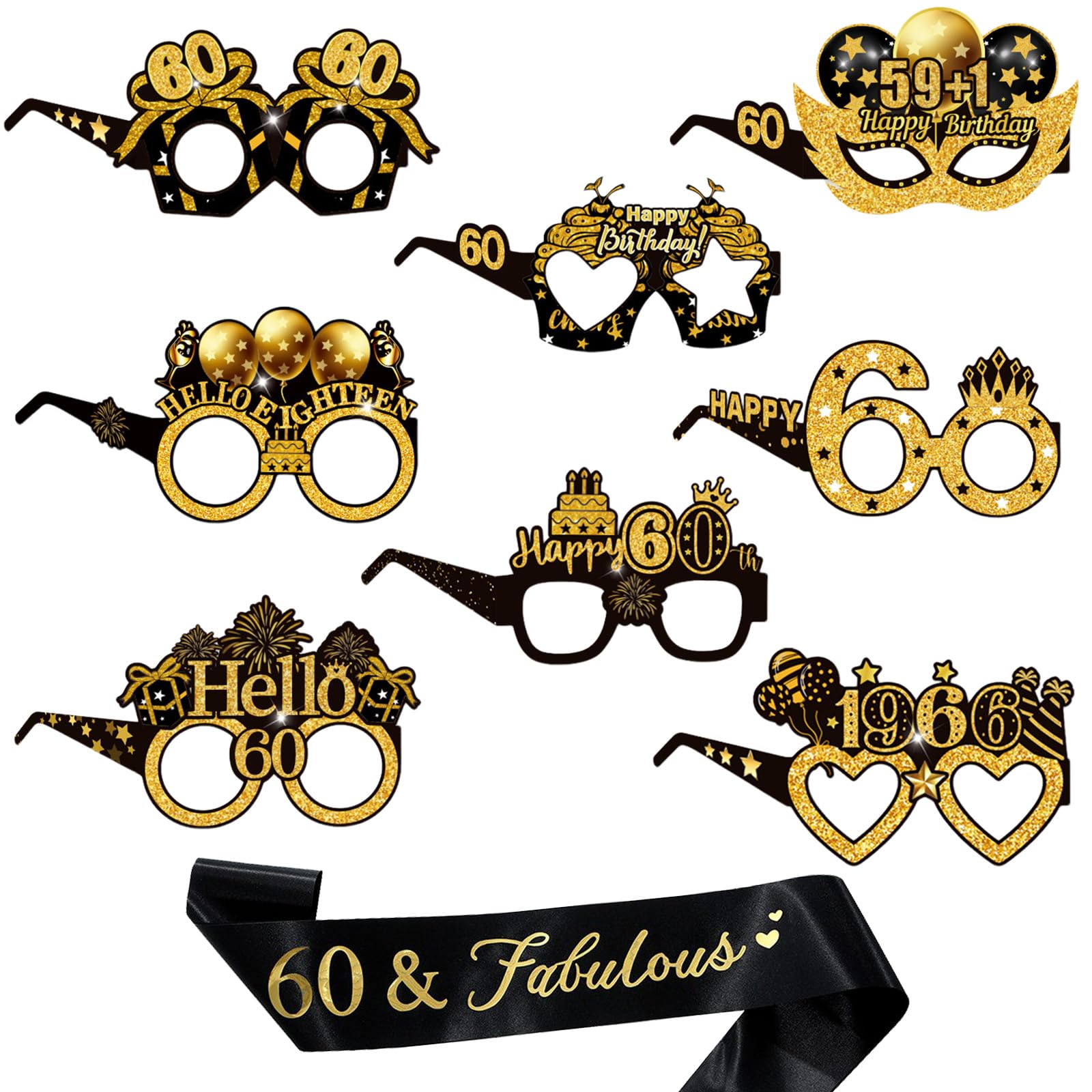 60th Birthday Party Glasses, 16PCS Party Eyeglasses+1 Sash Black, 60th Birthday Decorations Supplies Photo Booth Props for Men & Women