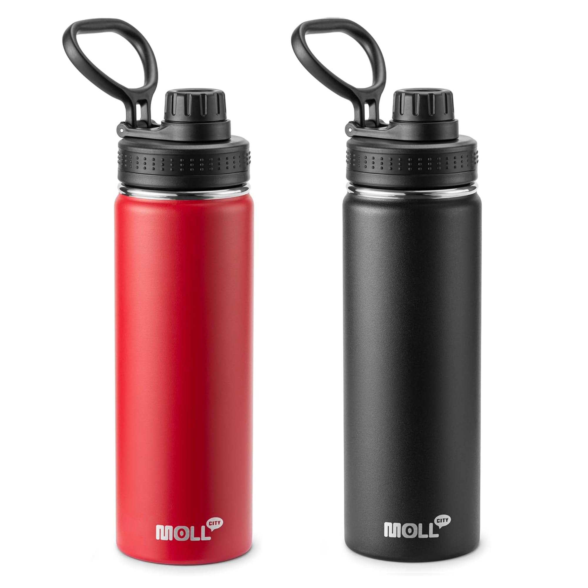 Mollcity Water Bottle 2 Pack 22 oz Stainless Steel Vacuum Insulated Water Bottle Wide Mouth Sports Flask with Leakproof Spout Lid (Canyon Red-Black)