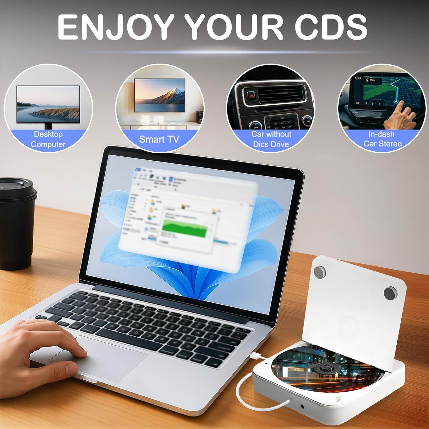 External Portable CD Player for Car, Plug and Play Car CD Player with USB Port AUX Port, Universal USB Player for Vehicle, Laptop, TV, Computer, for Android 4.4 and Above Navigation