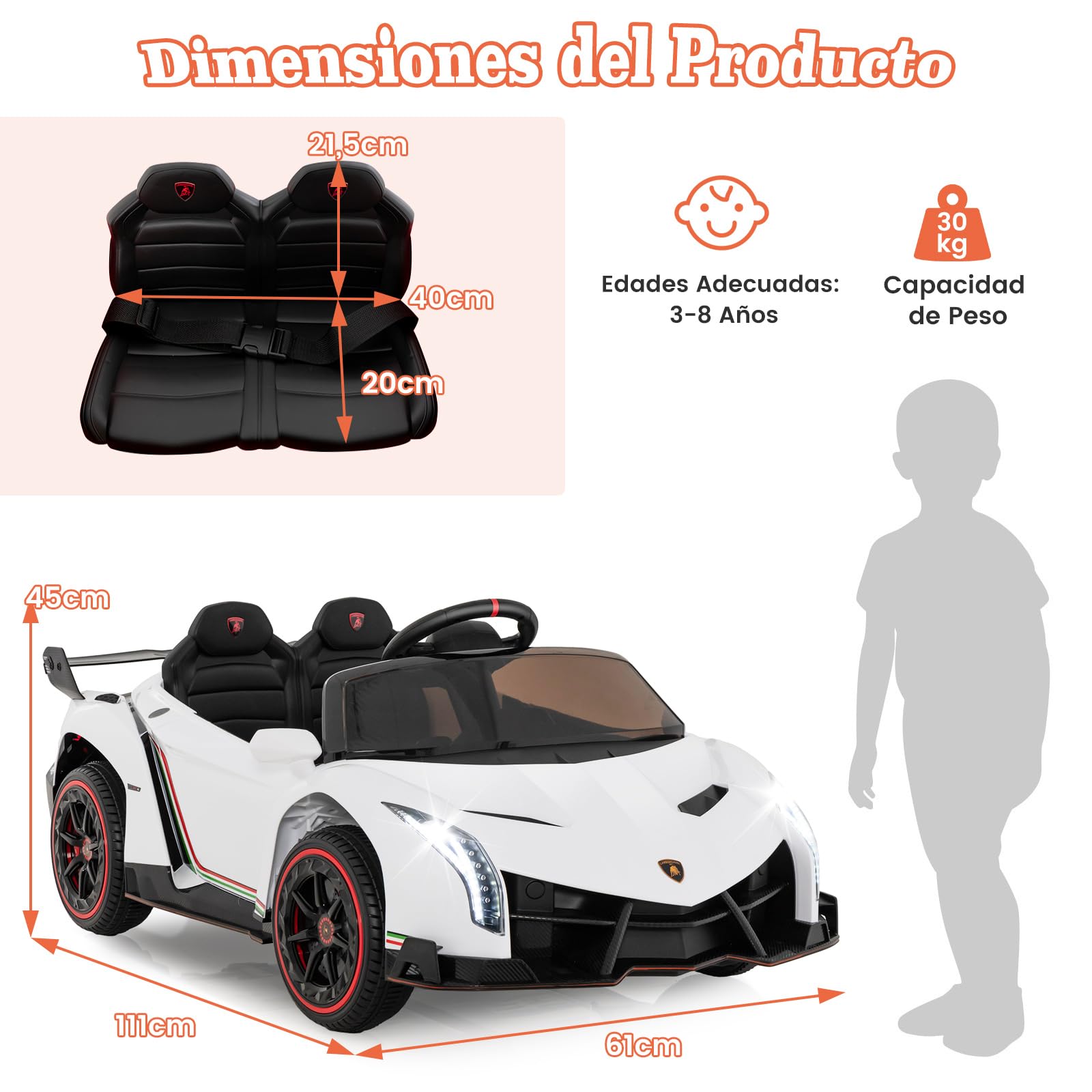 COSTWAY Lamborghini 12V Coche Eléctrico para Niños con Control Remoto 2,4G, 3 Velocidades, Puertas Hidráulicas, Luces LED, Blanco