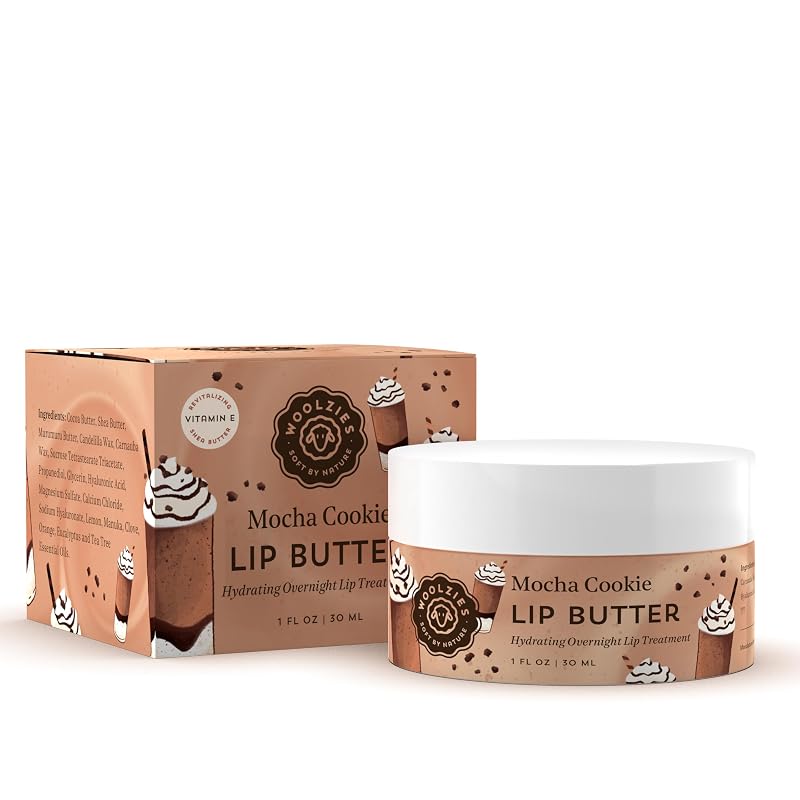 Máscara labial com ácido hialurônico Woolzies Mocha Cookie, manteigas e óleos naturais, 28 g