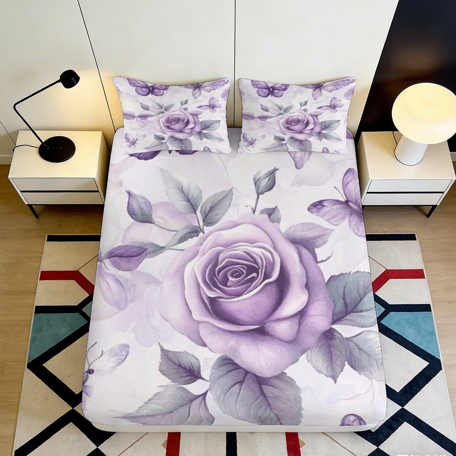 Zfldkwgb Style-5 3D Printed Purple Rose Fitted Sheet Microfiber Soft Floral Bedroom Decor Mattress Cover For Home Guest Room 90X200x25cm