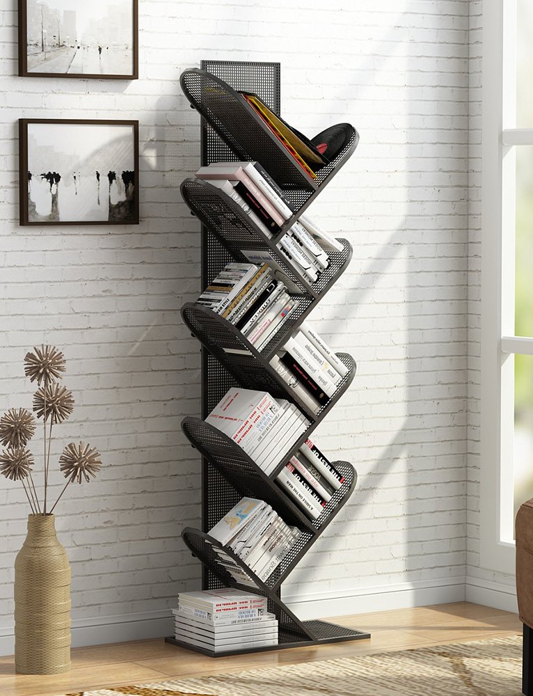 Tribesigns 8-Shelf Tree Bookshelf, Metal Bookcase Small Book Rack ...