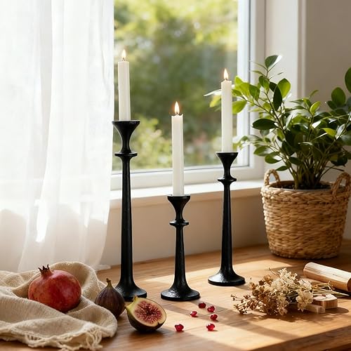 Miniatura 7 de Juego de 3 portavelas cónicos negros de hierro fundido pesado negro para centro de mesa, moderno soporte de vela cónico decorativo para decoración