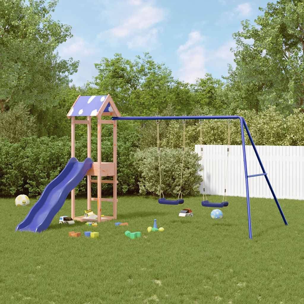 Spielturm Massivholz Douglasie mit Rutsche, 90 cm Plattform, Zwei Schaukeln und Sandkasten – Stabiler Holzrahmen mit A-förmigem Gestell für Kinderspielplatz im Garten, für 3-8