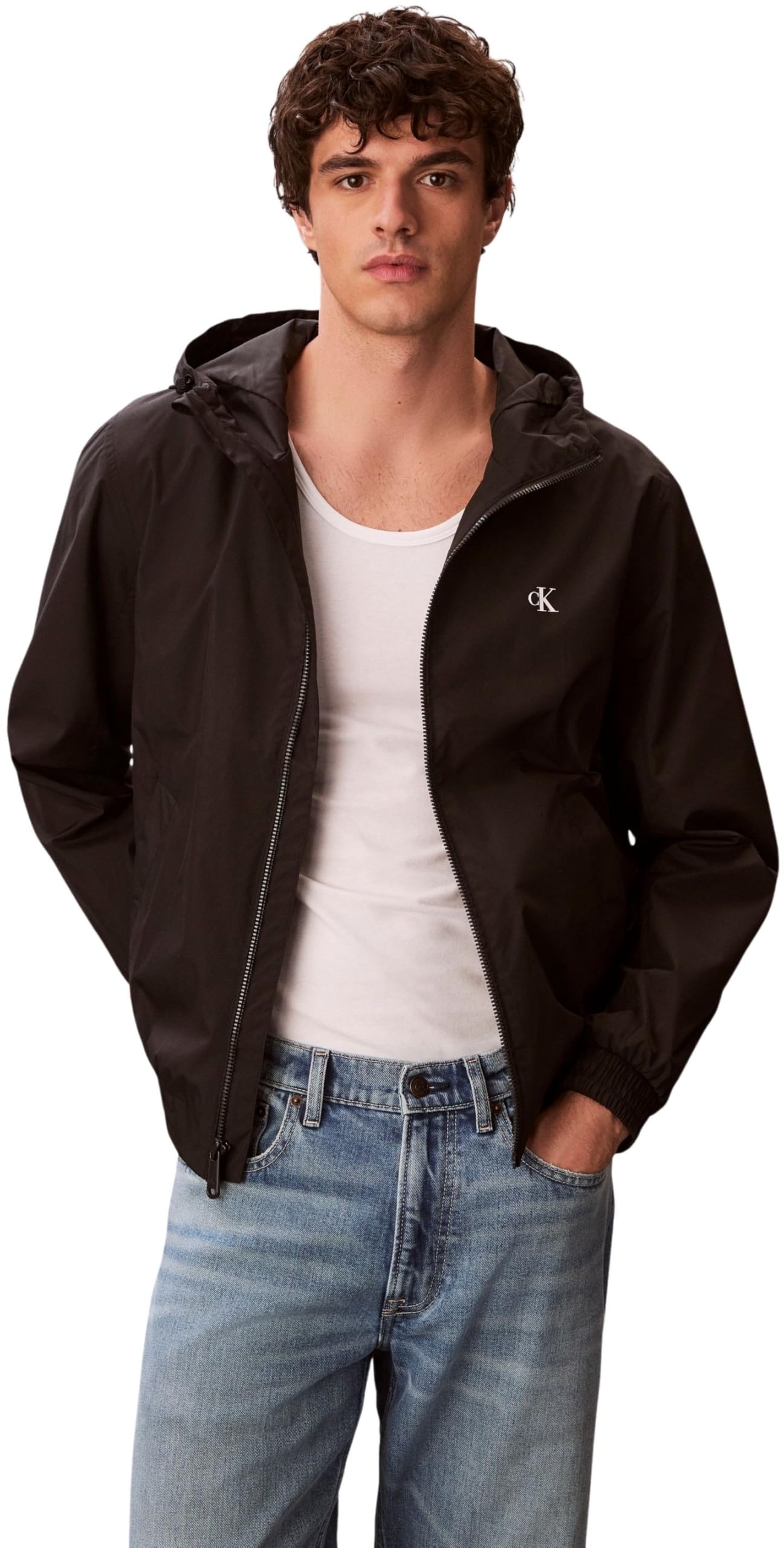 Calvin Klein Men’s Windbreaker Jacket Nylon Harrington with Hood, Black (Black), XS
