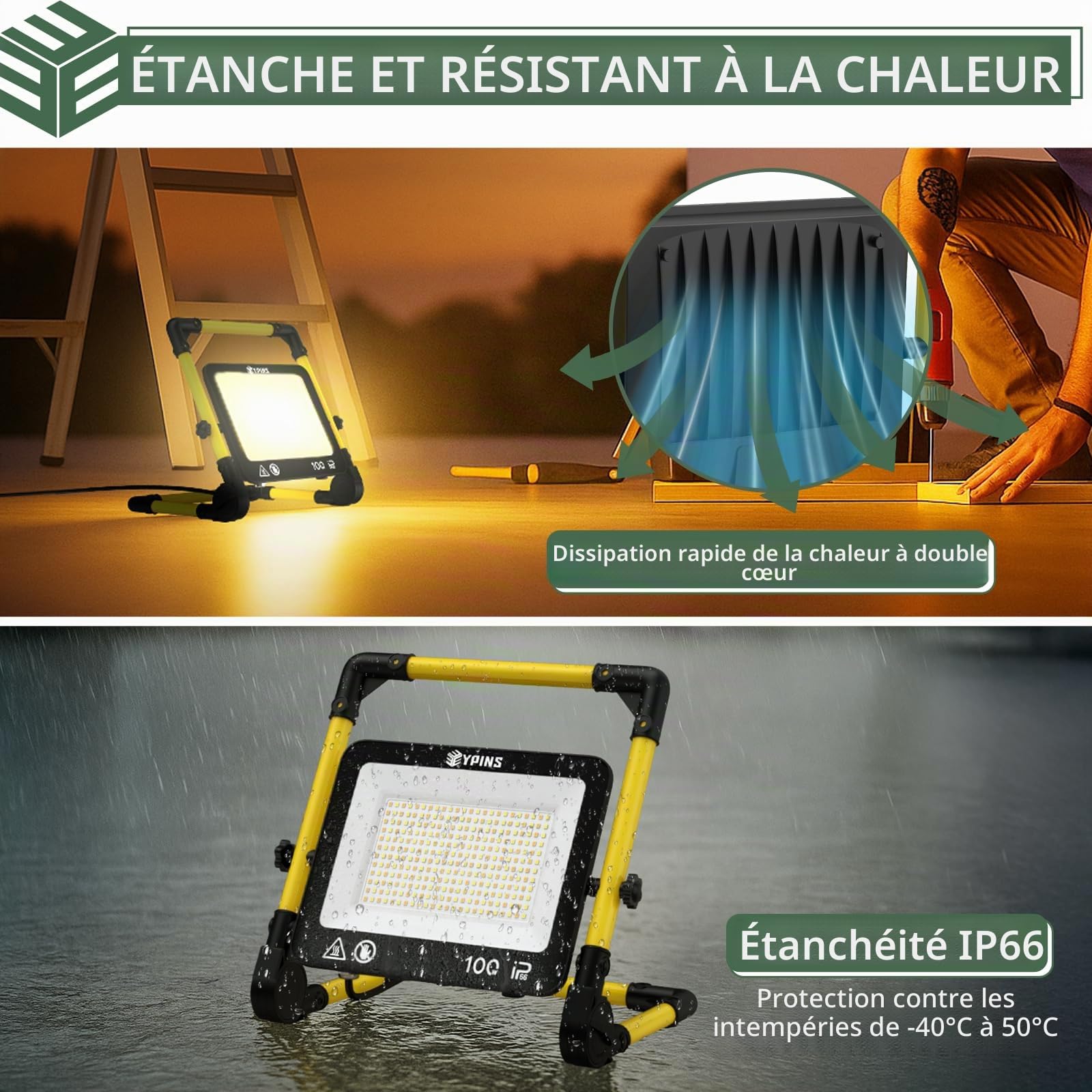 EYPINS Projecteur LED Chantier 100W 8700 Lumens, 3 Températures (3000K/5000K/6500K), IP66 Étanche & Anti-Choc, Câble 5m avec Interrupteur, 360° Rotatif pour Garage/Atelier/Camping