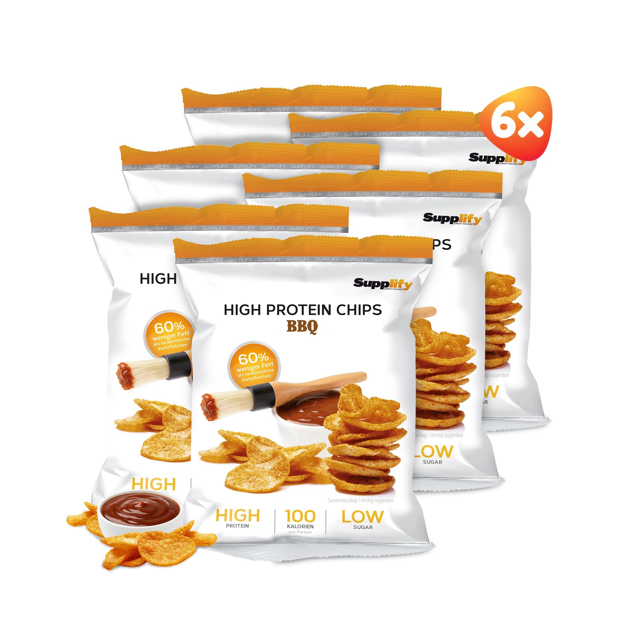 Supplify 6x50g High Protein-Chips mit BBQ Geschmack - Low Carb Eiweißchips zum Abnehmen - Proteinchips kalorienarm, Fitness Snack Alternative