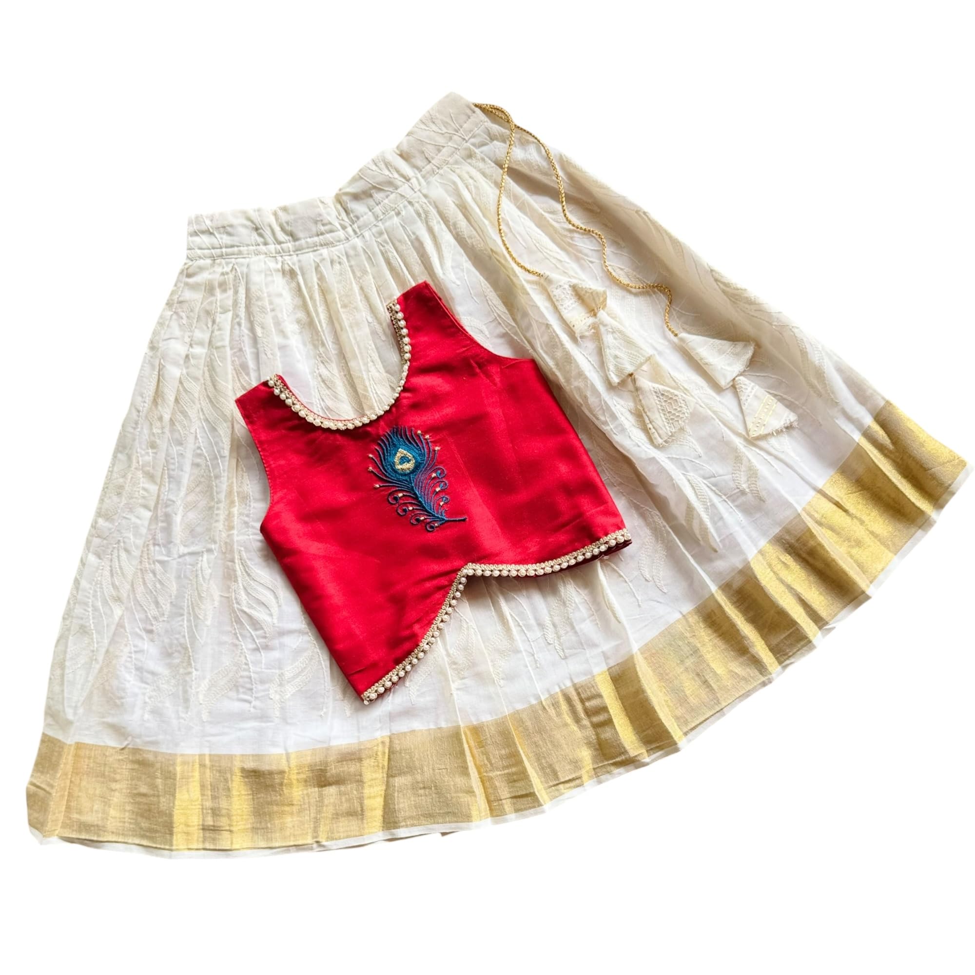 picksparrow Baby Girl Cotton Silk Peacock Feather Embroidered Top with Kerala Kasavu Skirt/Pattu pavadai-picture-40
