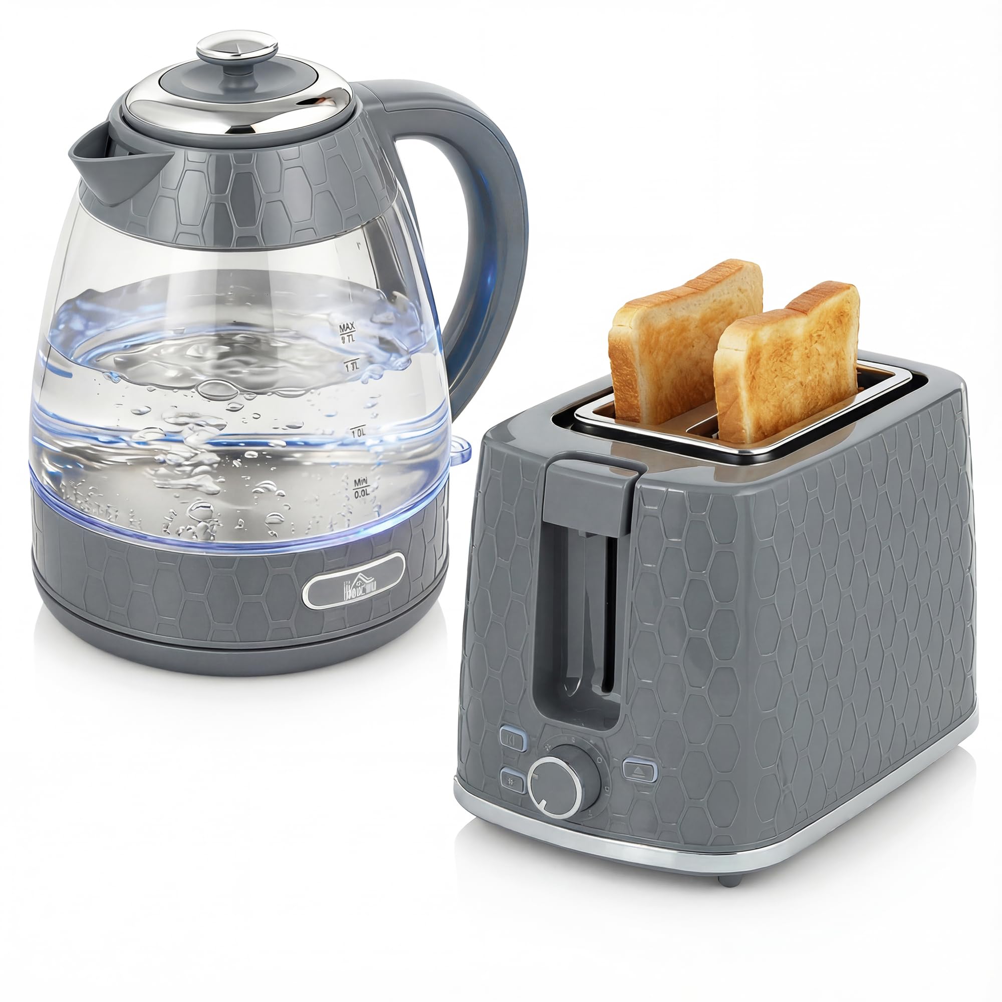 HOMCOM Kettle & Toaster Set with Limescale Filter, Crumb Tray in Grey