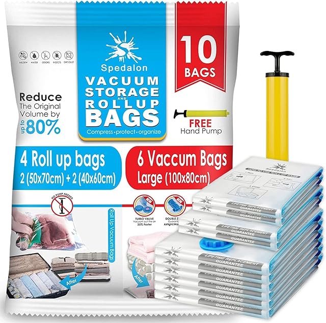 Vacuum Storage Bags - Pack of 10 (6 Large (100x80) + 4 Travel Roll-Up) | Save Space with our Reusable Sealer Bag for Home and Packing of Clothes, Duvets, Blankets, Coats | Comes with free Hand Pump