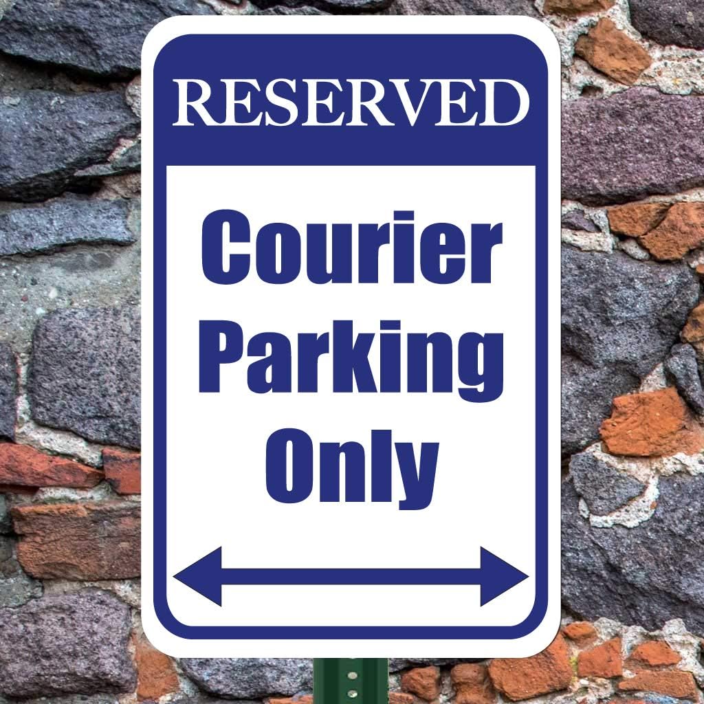 VictoryStore Parking Only Signs: Courier Parking Aluminum Sign, Size 12 Inches by 18 Inches, Set of 2 (Blue and White)