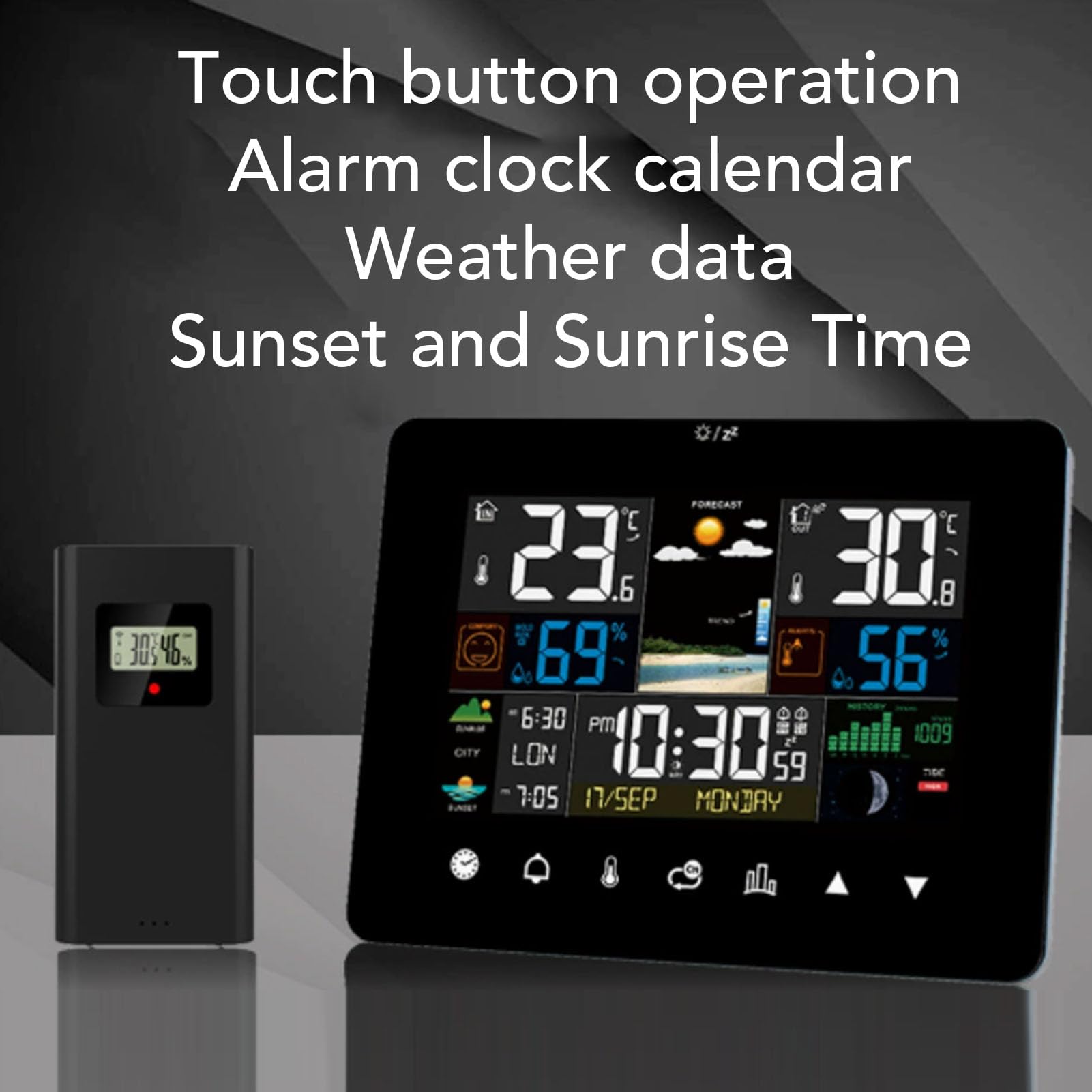 Luocute Digitales Innen- und Außenthermometer, Hygrometer, Farbdisplay, Touchscreen, Wettervorhersagestation mit Kabellosem Sensor, Wecker, Luftdruck für das Heimbüro