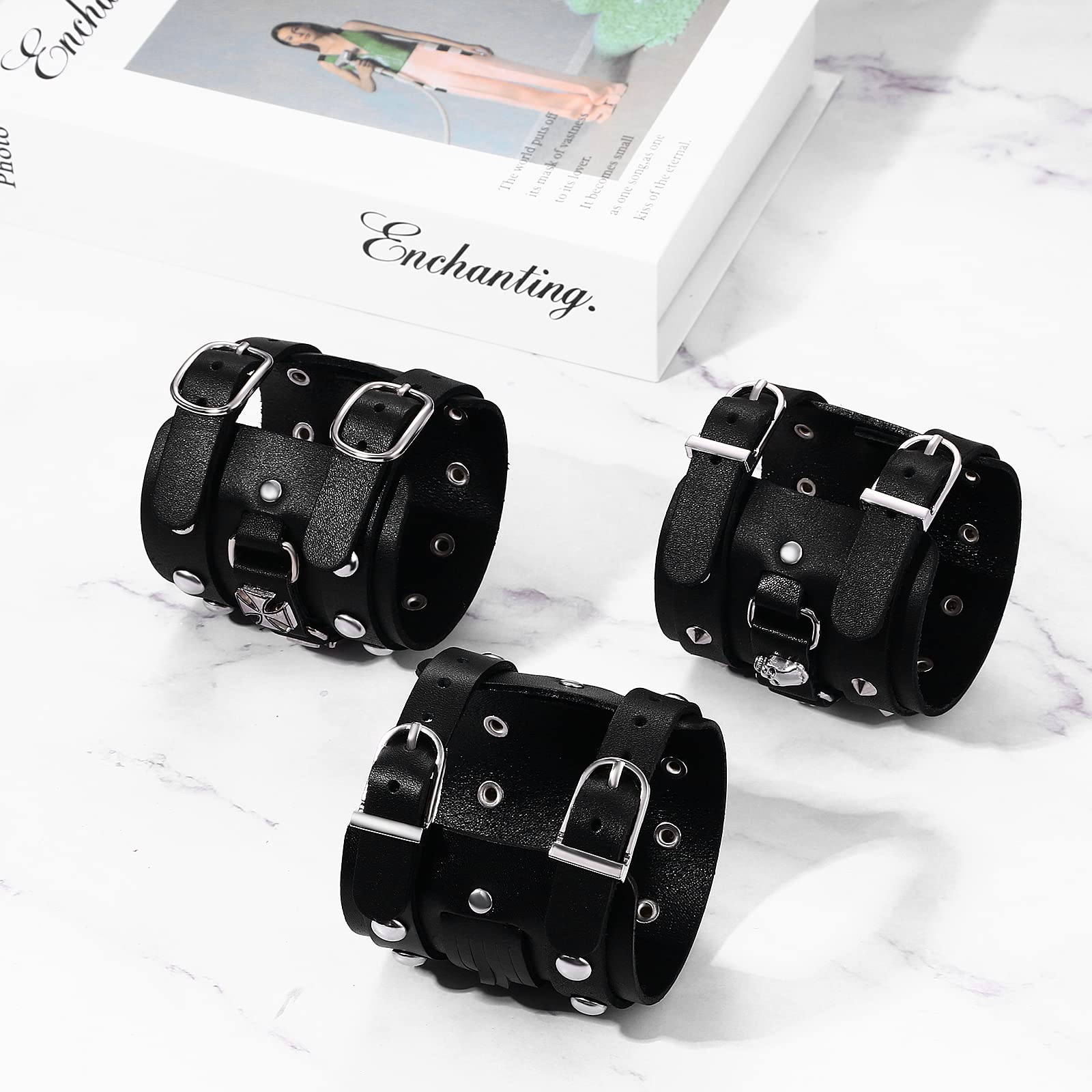 Flongo Bracciale da uomo in pelle, bracciale da forza, stile gotico, punk rock, bracciale a testa di morte da uomo con rivetto e bottone, bracciale da motociclista grande, regalo per uomo