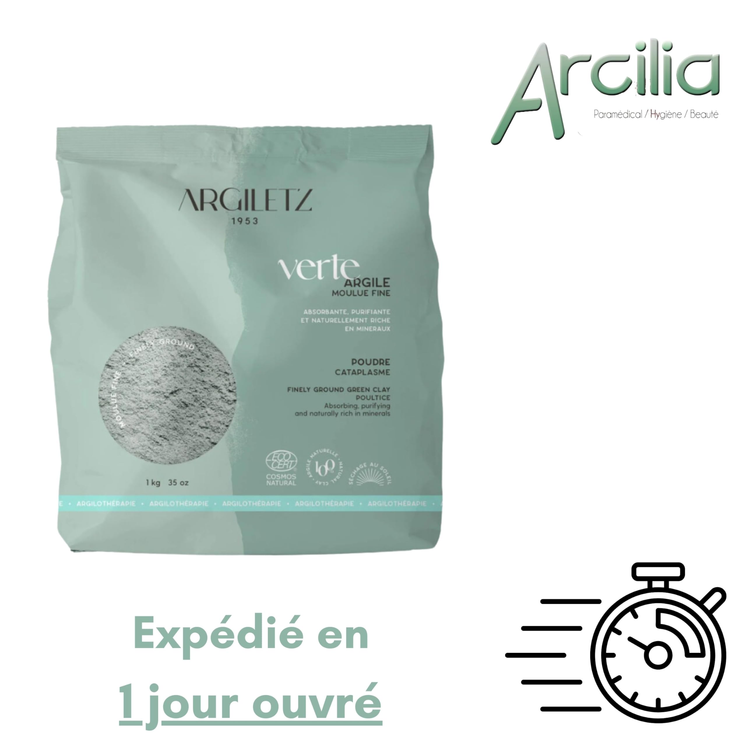(ARCILIA) Argiletz - Lot de 2 sachets d'argile verte illite moulue fine 1kg - séchée au soleil ARGILTEZ - cataplasme, emplâtre, masque soin beauté visage, cheveux, bain d'argile et cure