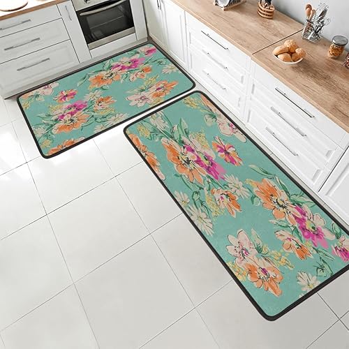 GUYOS Juego de 2 tapetes de cocina acolchados con motivos florales estilo óleo sobre lienzo, antifatiga, juego de 2 piezas, duradero, resistente a