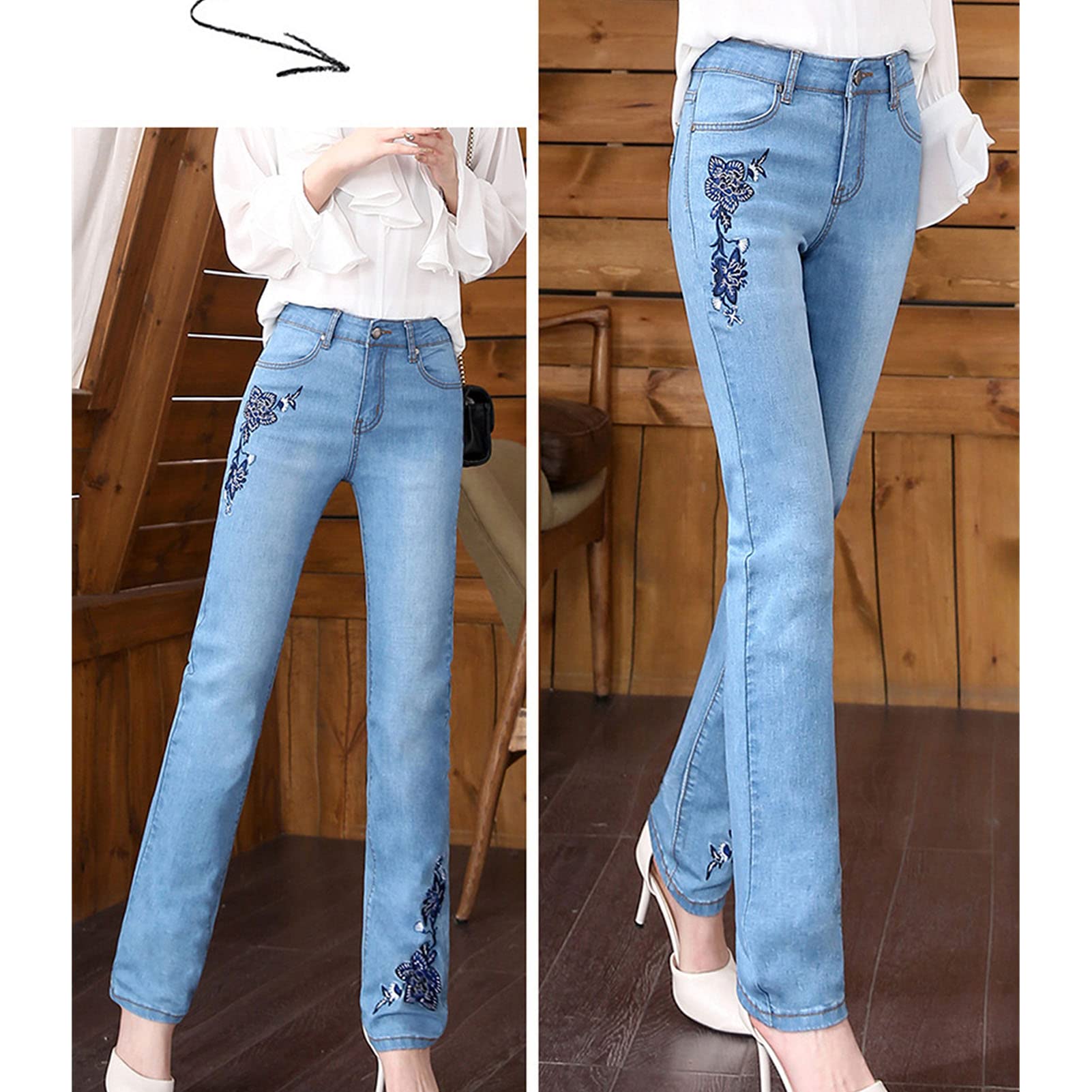 Women's High Waist Floral Embroidered Jeans Slim Fit Straight Leg Stretch Denim Pants Washed Skinny Slimming Jean (Light Blue,28)