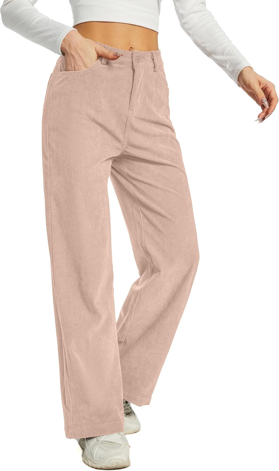Women's Corduroy Loose Mid Rise Pant Casual Fall Straight Leg Elastic Waist Pants with Pockets - Image 5