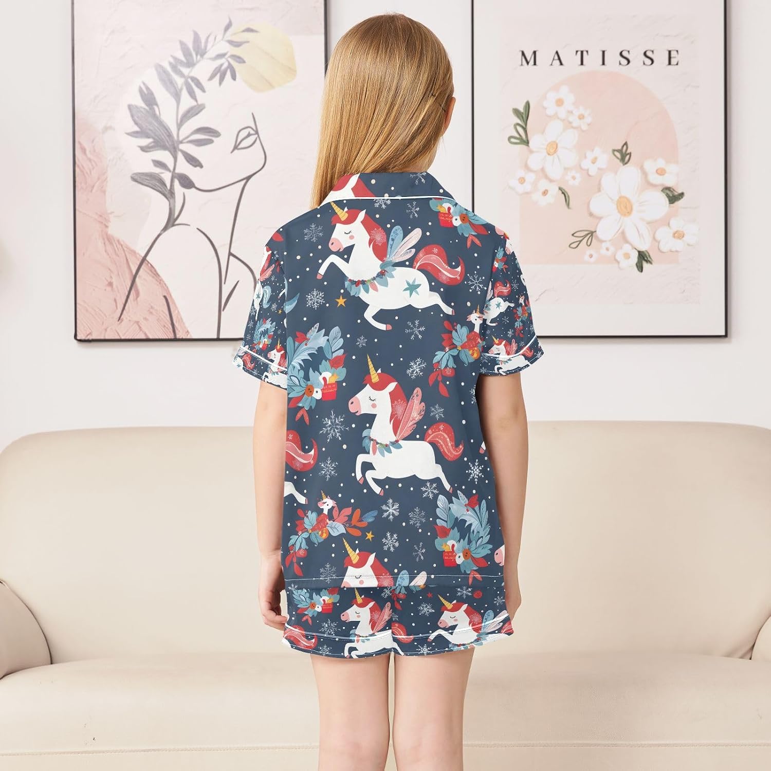senya Christmas Unicorns Snow Satin Summer Pajama Sets Silk Short Sleeve Button Down Sleepwear