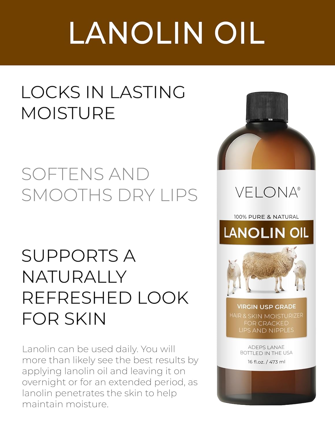 velona Lanolin Oil USP Grade 16 fl oz | 100% Pure and Natural Carrier Oil | Refined, Cold pressed | Skin, Hair, Body & Face Moisturizing | Use Today - Enjoy Results