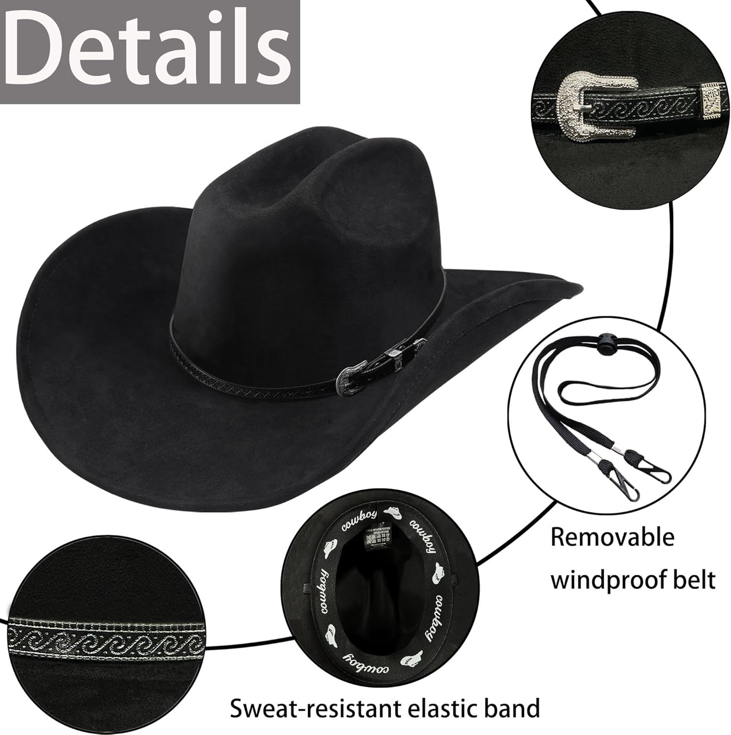 Western Cowboy Hat for Men Women,Shapeable Wide Brim Felt Fedora Classic Cowgirl Hats for Cowboys and Cowgirls,with bolo tie - Image 2