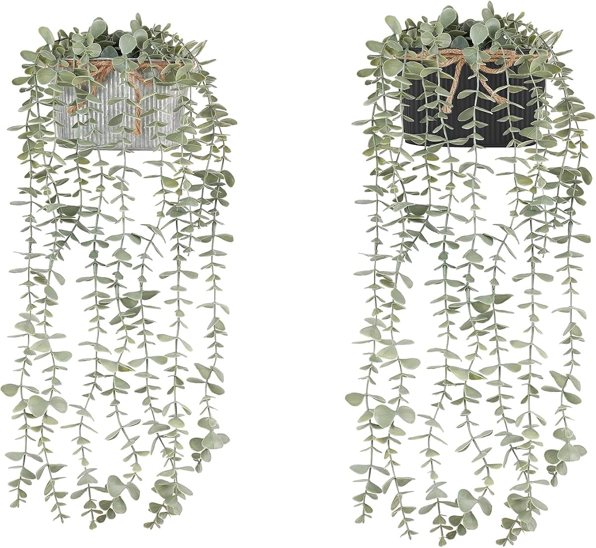 Paquete de 2 plantas colgantes falsas en macetas galvanizadas rústicas de eucalipto en maceta, plantas artificiales de interior para estante de libros, repisa, sala de estar, baño, dormitorio, decoración del hogar y la oficina