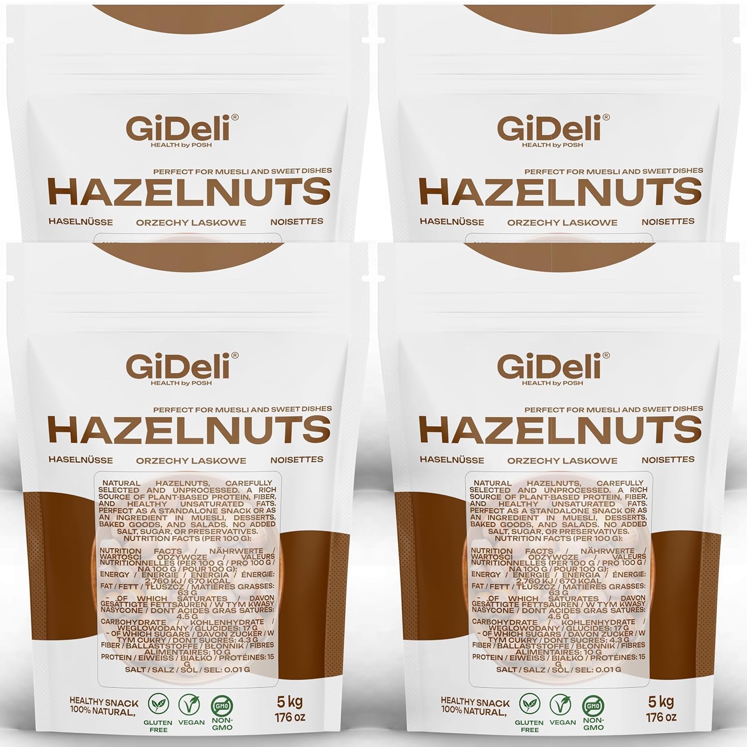 GiDeli haselnüsse Ungesalzene 4 x 5kg geschält als Snack, Backzutat und zum Verfeinern von Speisen roh, naturbelassen doypack