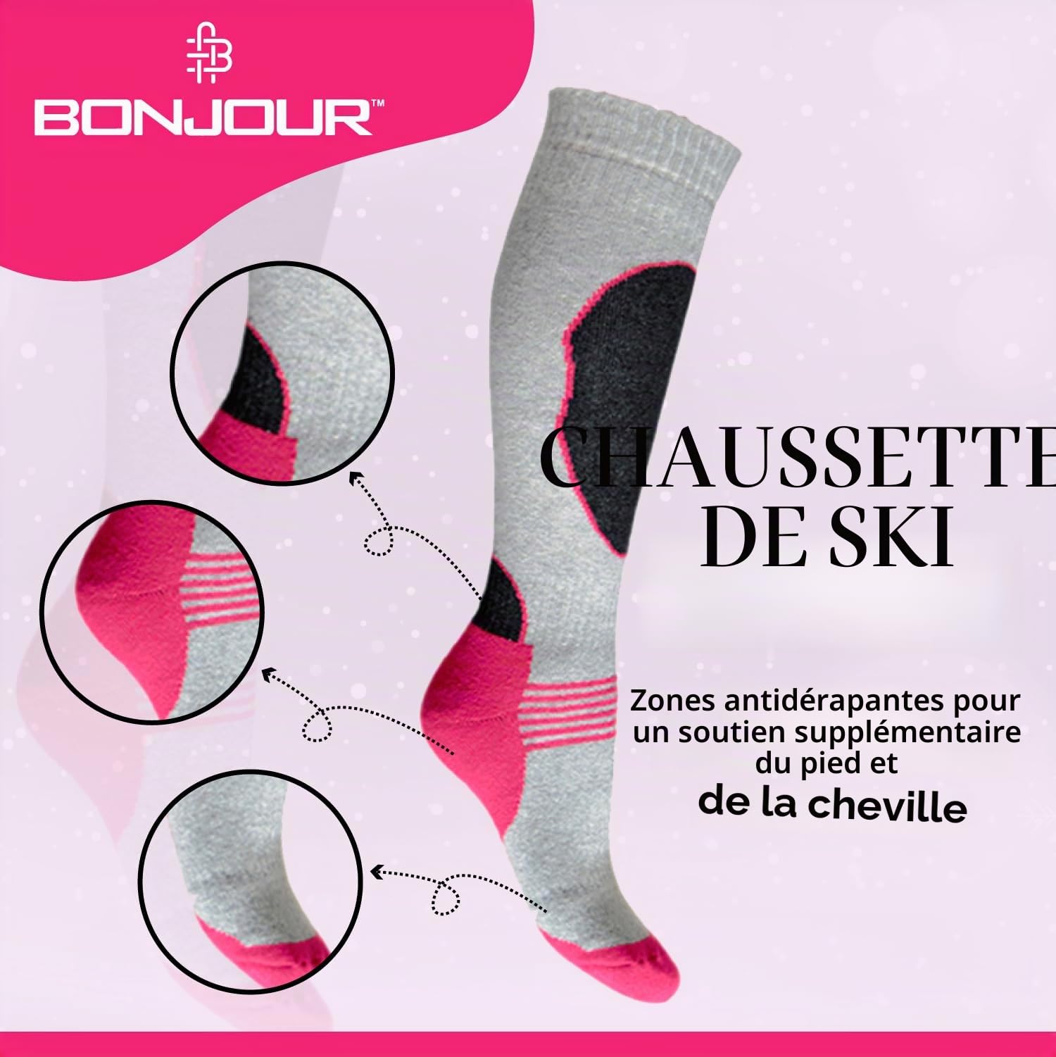 Bonjour 4 Pairs High Performance Ladies Ski Socks Long Hose Thermal Socks-Assorted-UK 4-7