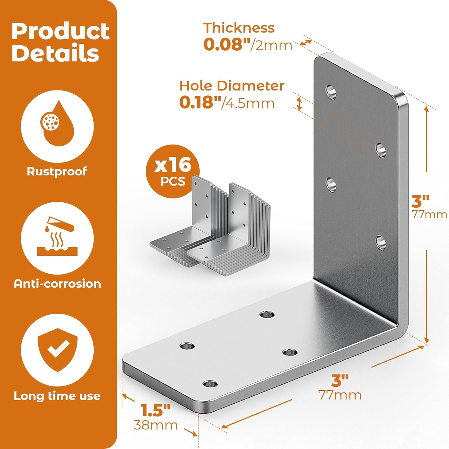 16 Pcs 3"x3" L Brackets Heavy Duty, Galvanized Corner Brace for Wood, Angle Iron with Recessed Holes, 90 Degree Angle Bracket for Floating Shelves, Wood Beams, Furniture, Bed